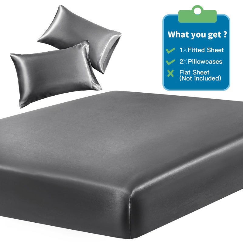 SiinvdaBZX 3-Piece Set Satin Queen Fitted Sheet & 2 Pillowcase  Grey Silky Soft Fitted Bottom Sheet  Wrinkle Free  Fade Resistant  Deep Pocket Bed Sheet (Deep Up to 15"") - Image 3